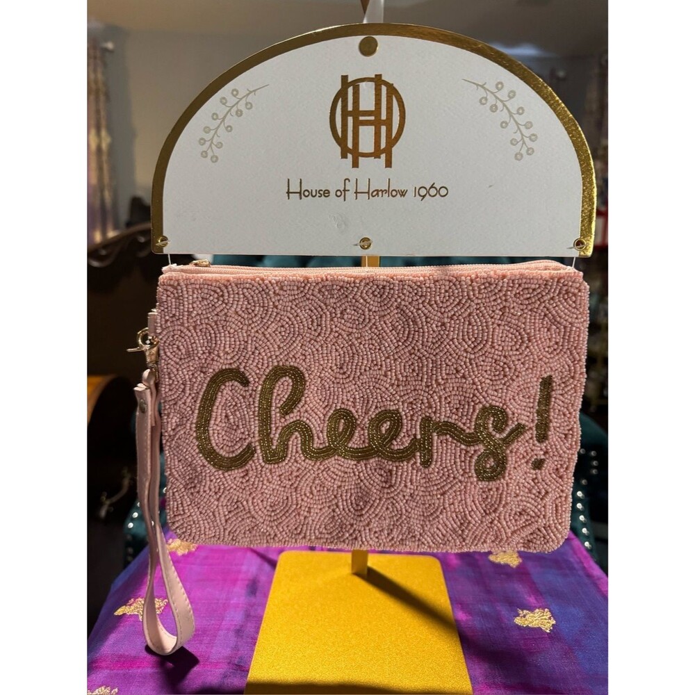 NWT House Of Harlow 1960 Beaded Cheers Wristlet Clutch Pink